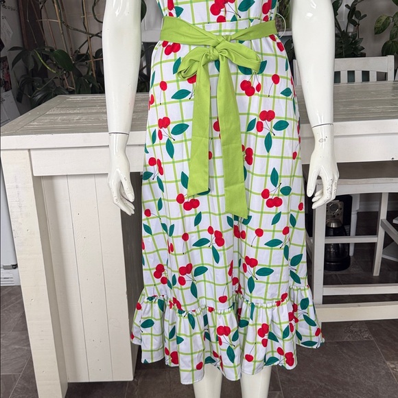 Sleeveless White Cherry Print Midi Dress Green Waistband NWOT XL 50/60s vibes - Picture 9 of 15